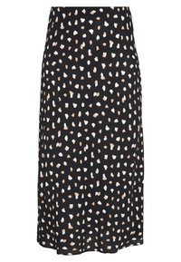 Black skirt with a smooth texture, featuring a scattered pattern of beige and white abstract shapes. Knee-length design with a relaxed fit.