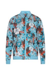 Giacca bomber floreale con fiori blu, bianchi e rossi su uno sfondo scuro. Il tessuto ha una texture liscia con polsini e orlo a costine.