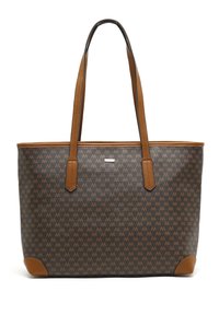 Brun tote bag med monogrammønster, beige accenter og glatte, strukturerede sider. Har to lange håndtag og en slank metal-logo detalje.