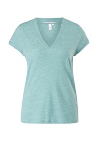 T-Shirt mit V-Ausschnitt und kurzen Ärmeln in hellem Türkis, aus weichem, strukturiertem Stoff mit lässigem Schnitt und umgeschlagenen Ärmelabschlüssen.