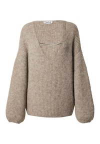 Beige gestrickter Pullover mit gerippter Textur, tiefem V-Ausschnitt und voluminösen Ärmeln. Verfügt über einen dezenten silbernen Akzent über der Brust.