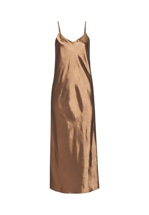 Satin brown slip dress with spaghetti straps, featuring a smooth texture and a long, flowing silhouette. No patterns or hardware present.