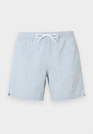 Lys blå og hvite, vertikalt stripete casual shorts med elastisk midjebånd og hvit snor knytt i sløyfe.