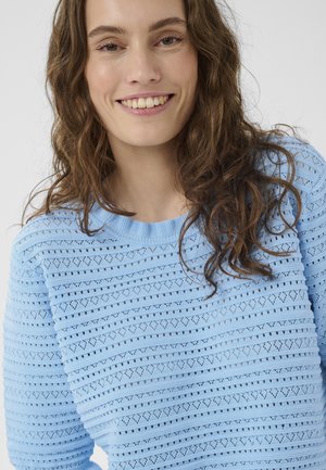 Lächelnde Frau mit welligem braunem Haar, die einen hellblauen, gemusterten Strickpullover vor einem einfarbigen Hintergrund trägt.