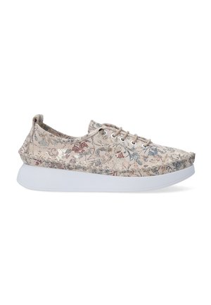 Floral-patterned sneaker made of light fabric with a white rubber sole, features lace-up closure and padded collar for comfort.