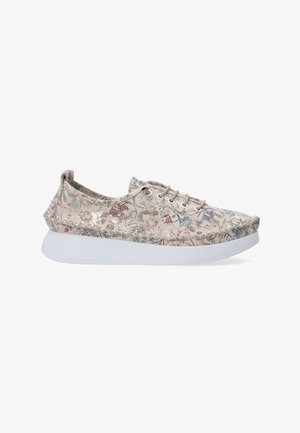 Floral-patterned sneaker made of light fabric with a white rubber sole, features lace-up closure and padded collar for comfort.