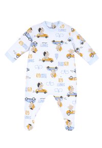 Blå bomullsonepiece med lekfulla mönster av björnar och bilar samt texten "REDO KÖR!". Den har lång ärm och är fotad.