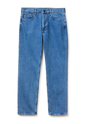 Jeans in denim blu con gambe dritte, chiusura frontale con bottoni e cerniera, e design con cinque tasche, distesi su uno sfondo bianco.