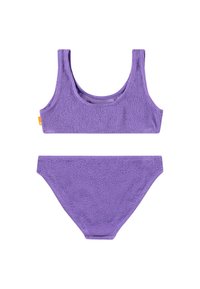 Ensemble de bikini texturé violet comprenant un haut à encolure dégagée et un bas assorti au design sans couture, fabriqué à partir d'un matériau doux et respirant.