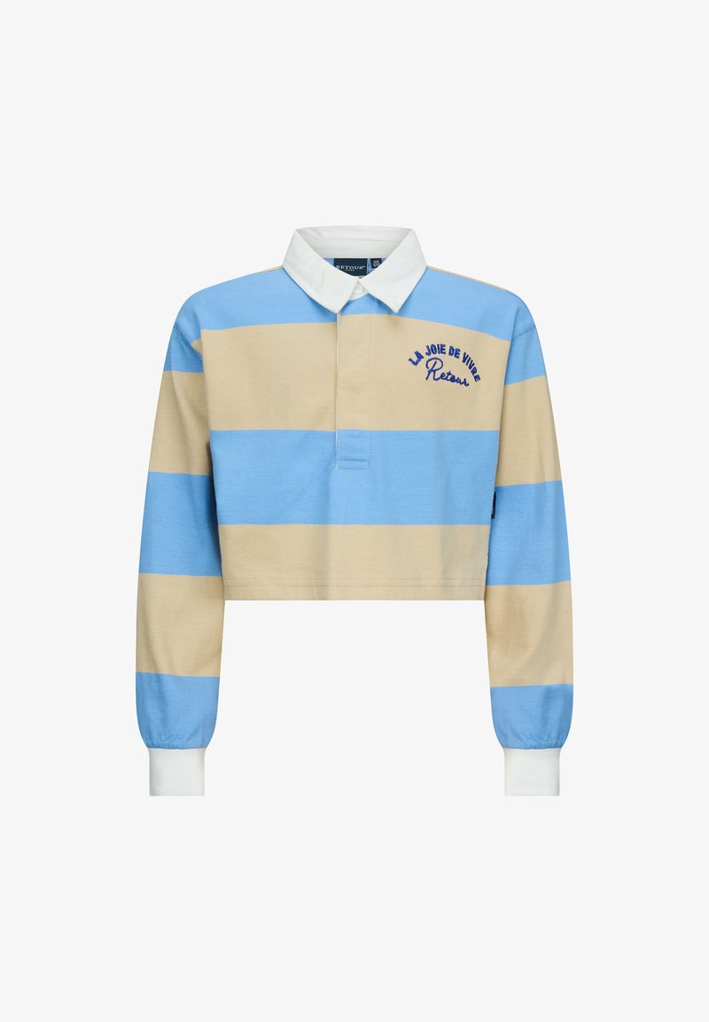 Gekürztes Button-Down-Polohemd mit abwechselnden blauen und beigen Streifen, weißem Kragen und gesticktem dunkelblauen Text auf der Brust.