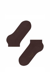 Brązowe bawełniane skarpetki do kostek z prążkowanymi mankietami i wzmocnionymi palcami. Posiadają wytłoczoną nazwę marki w złotym kolorze z boku. Gładka tekstura.