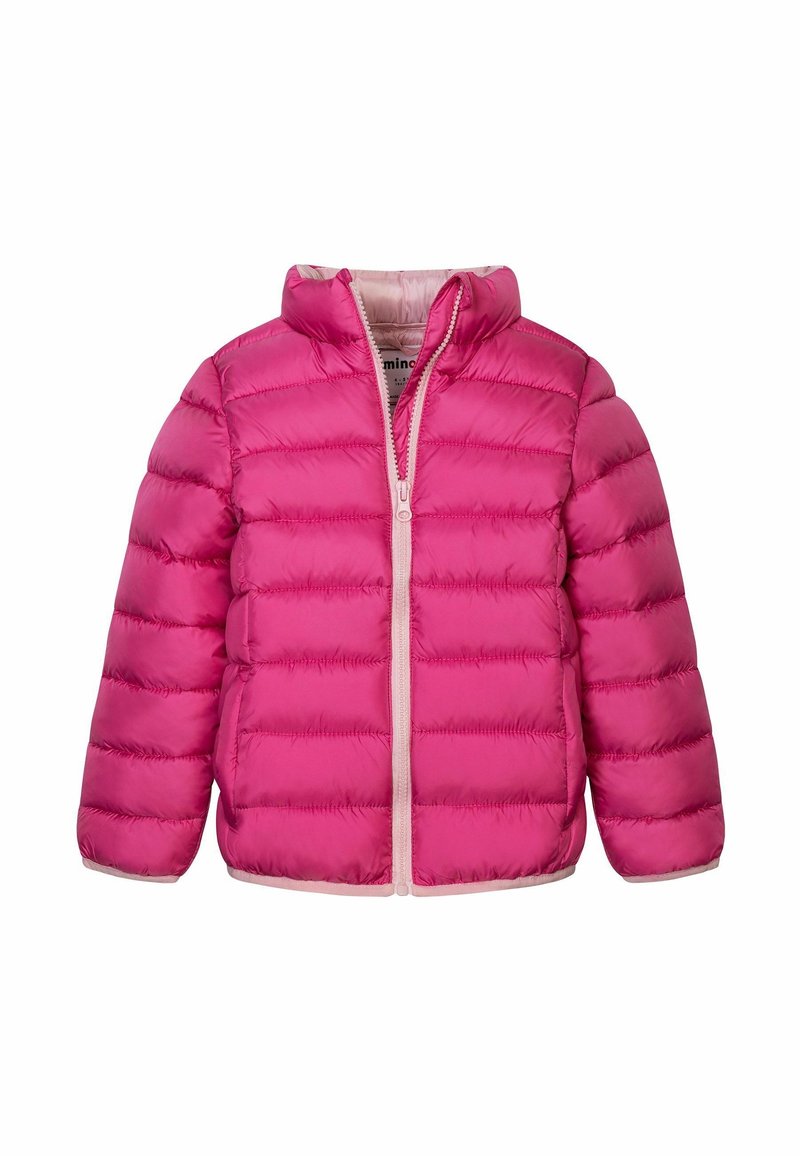 Chaqueta acolchada rosa con diseño acolchado e interior aislante. Cuenta con un cuello alto, una cremallera frontal y detalles en rosa claro contrastantes.