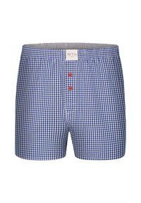 Boxer blu e bianchi a quadri gingham con una fascia grigia e due bottoni rossi sul davanti. Materiale in cotone, design morbido e comodo.