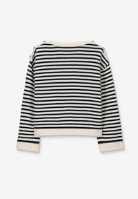 Gestreifter Pullover in Marineblau und Weiß mit kurzem Design, geripptem Saum und Bündchen sowie Knopfdetails an den Schultern. Weicher Stoff.