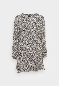 Zwarte lange mouwen jurk met witte bloemmotieven, ronde halslijn en losse pasvorm. Vloeiende stof en gathers detail bij de taille.