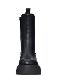 Schwarze Lederstiefelette mit glatter Oberfläche, seitlichem Reißverschluss und einer stabilen schwarzen Gummisohle mit leichtem Absatz.