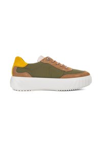 Low-top sneaker with olive fabric, brown suede accents, yellow heel tab, beige laces, and thick white ridged sole.