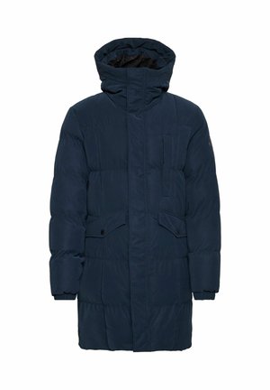 Cappotto imbottito blu navy con colletto alto, tasche frontali con patta e texture trapuntata, progettato per calore e comfort.