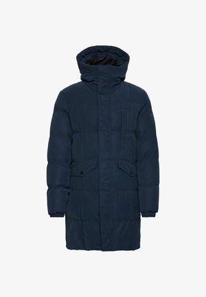Cappotto imbottito blu navy con colletto alto, tasche frontali con patta e texture trapuntata, progettato per calore e comfort.