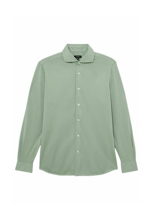 Világoszöld, hosszú ujjú, galléros és mandzsettás ing, fehér háttéren elhelyezve.