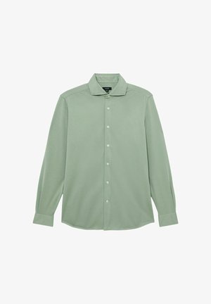 Világoszöld, hosszú ujjú, galléros és mandzsettás ing, fehér háttéren elhelyezve.