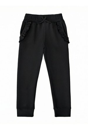 Czarne spodnie dresowe z elastycznym pasem, sznurkiem do regulacji, falbankowymi kieszeniami z boku i zakończeniami na mankietach, ułożone na płasko na białym tle.