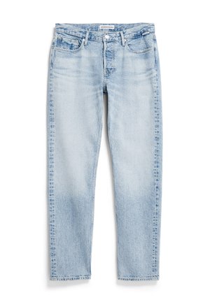 Lichtblauwe denim jeans met een rechte pasvorm, vijf-pocket ontwerp, subtiele vervaging en contrasterende stiksels langs de naden.