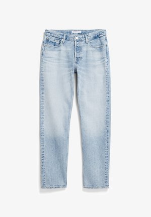 Helle blaue Jeans mit geradem Schnitt, fünf Taschen, subtiler Verwaschung und kontrastierenden Nähten entlang der Säume.