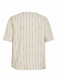 Chemise crème à manches courtes avec fines rayures noires verticales, vue de dos sur fond blanc.