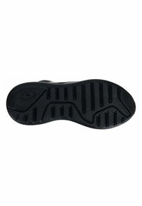 Black athletic shoe sole featuring textured rubber with grooves and patterned details for traction. Includes a logo near the arch.