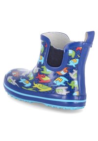 Blauwe rubberen regenlaars met een kleurrijk dierenpatroon, elastische zijkant en een gestructureerde zool; kenmerkt zich door een lichtblauwe accentband aan de onderkant.