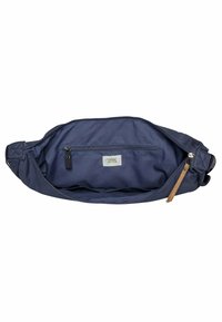 Marineblå stofpose med en glat tekstur, åbning med lynlås på toppen og en lille indvendig lomme. Har et læderdetalje og syede detaljer.