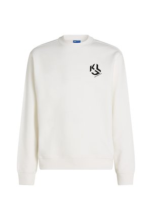 Bílá mikina s dlouhým rukávem, kulatým výstřihem, žebrovanými manžetami a spodním lemem, s malým černým logem na levé horní části hrudi.