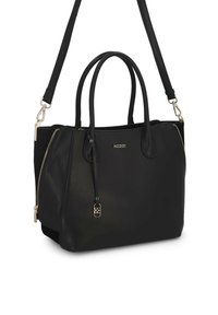 Fekete bőr kézitáska két fogantyúval és levehető vállpánttal, arany cipzárakkal az oldalakon, valamint egy kicsi arany "kazar" logóval az elején.