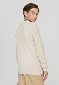 Maglione lavorato a maglia color crema con dettagli a treccia sulle maniche, vestibilità rilassata e polsini a coste, visto da dietro.