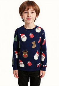 Námořnická modrá mikina s potiskem santy, sobů a dárků v různých barvách. Dlouhé rukávy s žebrovanými manžetami.