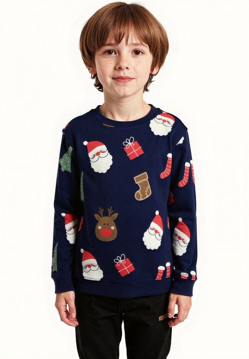 Námořnická modrá mikina s potiskem santy, sobů a dárků v různých barvách. Dlouhé rukávy s žebrovanými manžetami.