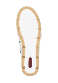 Semelle de basket blanche avec une adhérence texturée, comprenant une section semi-transparente et des accents marron. Logo "rieker" en rouge au centre.