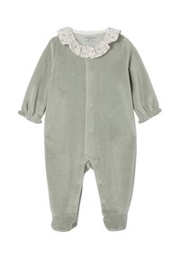 Grüner Velours-Einteiliger mit einem Rüschenschnitt-Kragen aus Blumenmuster, langen Ärmeln, elastischen Bündchen und Knopfverschluss vorn. Weicher Textur überall.