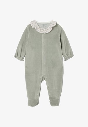 Grüner Velours-Einteiliger mit einem Rüschenschnitt-Kragen aus Blumenmuster, langen Ärmeln, elastischen Bündchen und Knopfverschluss vorn. Weicher Textur überall.