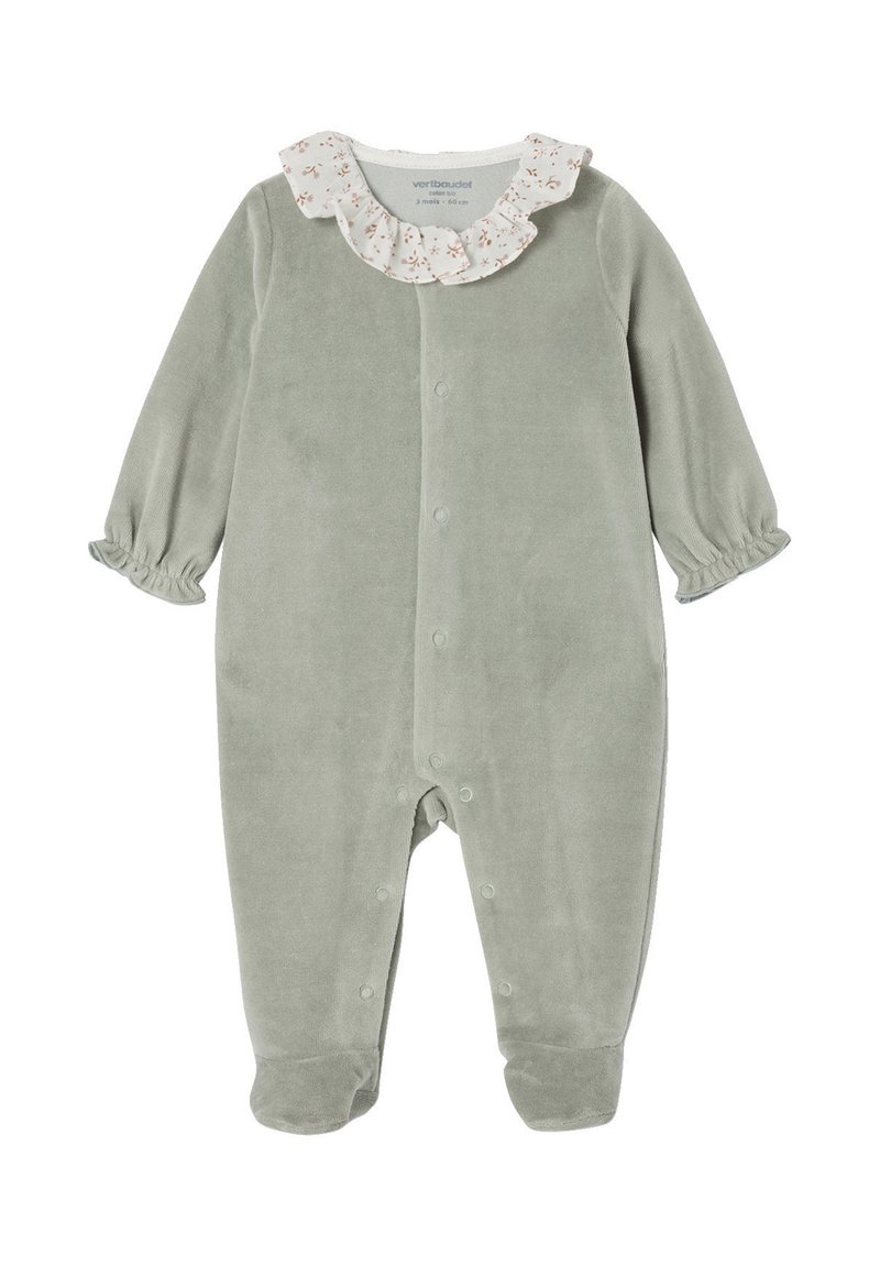 Grüner Velours-Einteiliger mit einem Rüschenschnitt-Kragen aus Blumenmuster, langen Ärmeln, elastischen Bündchen und Knopfverschluss vorn. Weicher Textur überall.