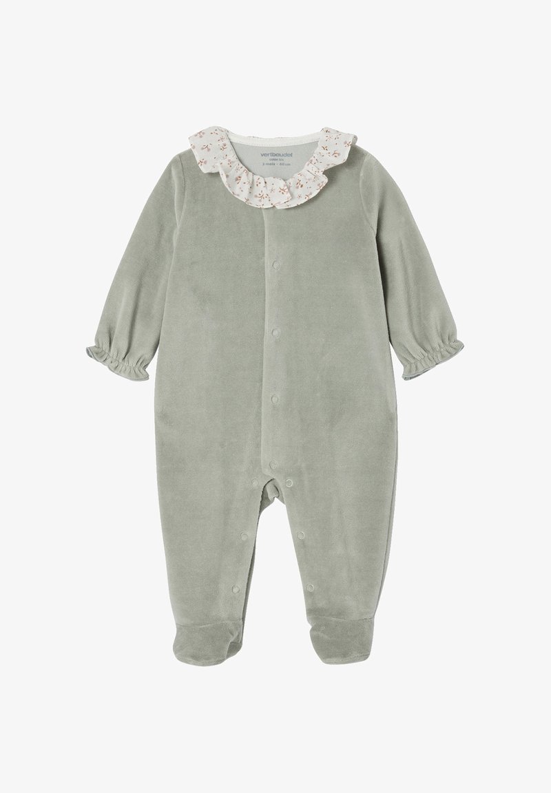 Grüner Velours-Einteiliger mit einem Rüschenschnitt-Kragen aus Blumenmuster, langen Ärmeln, elastischen Bündchen und Knopfverschluss vorn. Weicher Textur überall.