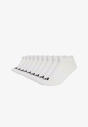 Weiße Knöchelsocken mit schwarzen Akzenten und Streifen, aus dehnbarem Stoff gefertigt, mit einem gerippten Bündchen und glatter Oberfläche.