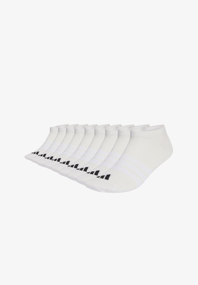 Weiße Knöchelsocken mit schwarzen Akzenten und Streifen, aus dehnbarem Stoff gefertigt, mit einem gerippten Bündchen und glatter Oberfläche.
