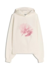 Felpa color crema realizzata in morbido tessuto, con un motivo floreale rosa sul davanti. Include un cappuccio con coulisse e polsini a coste.