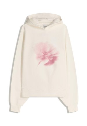 Cremefarvet hoodie lavet af blødt stof, med pink blomsterprint på forsiden. Inkluderer en hætte med snor og ribbede manchetter.