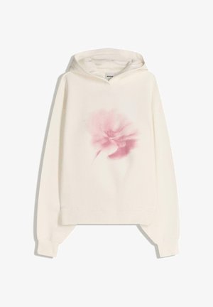 Cream-colored hoodie made of soft fabric, featuring a pink floral print on the front. Includes a drawstring hood and ribbed cuffs.