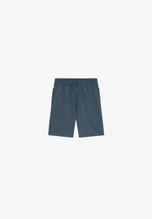 Shorts bleu foncé à cordon de serrage avec taille élastique et poches latérales, fabriqués en tissu doux.