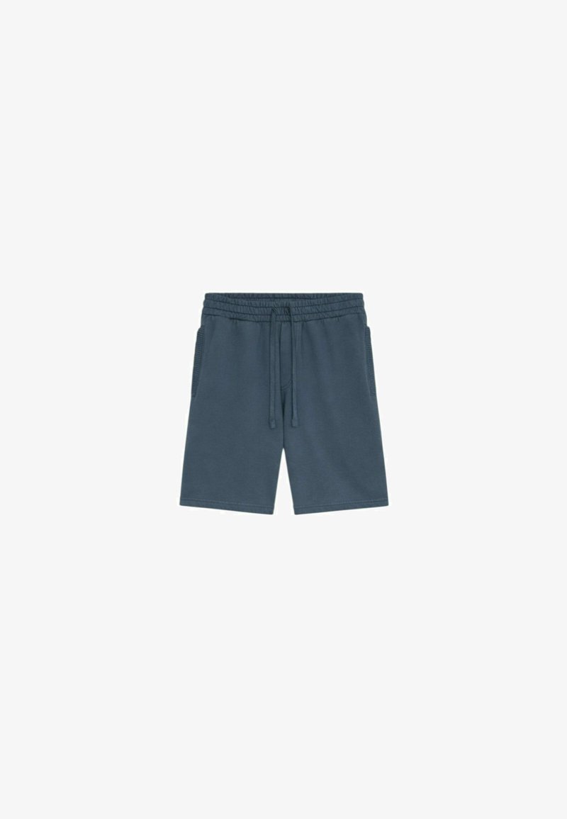 Shorts bleu foncé à cordon de serrage avec taille élastique et poches latérales, fabriqués en tissu doux.