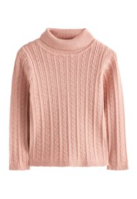 Hellrosa gestrickter Pullover mit einem gerippten Rollkragen, der vertikale Zopfmuster und lange Ärmel aufweist, hergestellt aus weichem, strukturiertem Stoff.